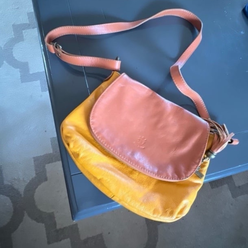 Italian Leather Firenze Crossbody Bag Mustard Yellow Brown Made in Italy